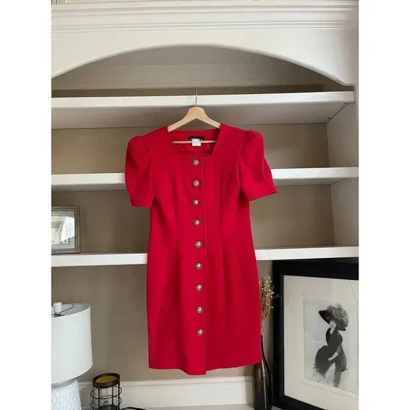 All that Jazz Vintage Red Holiday Mini Dress Gold Buttons - Size Medium - Picture 6 of 10